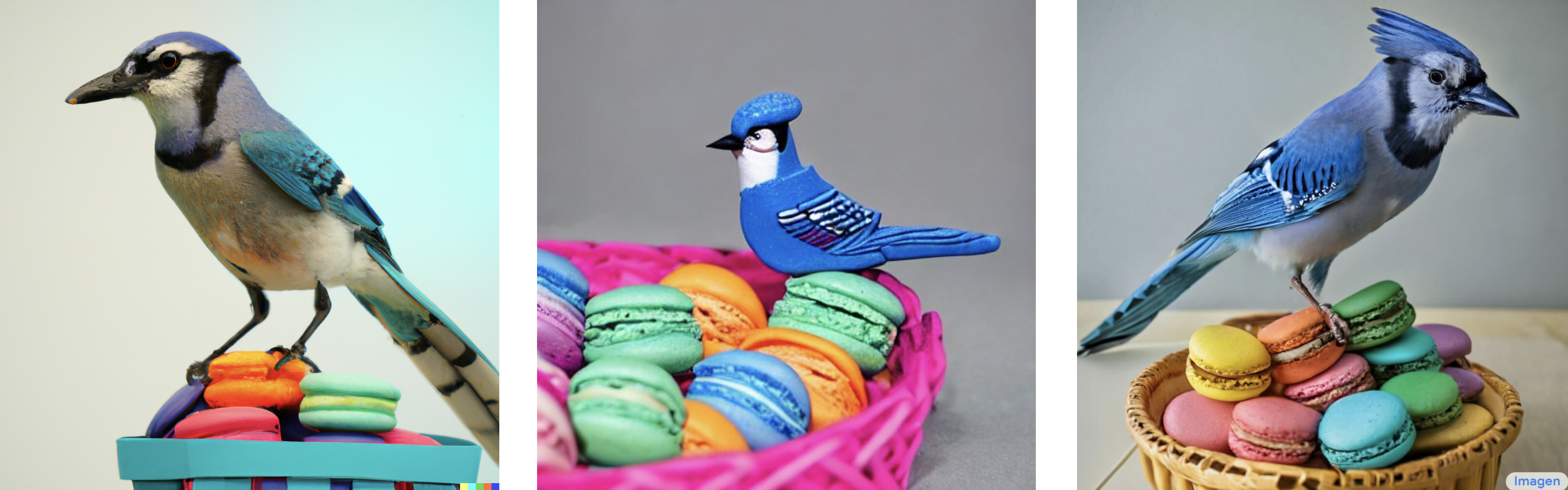 A blue jay standing on a large basket of rainbow macarons